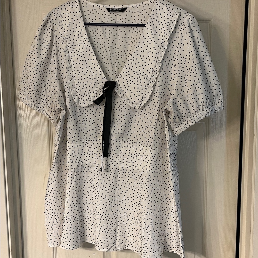 BloomChic Ivory Dotted Blouse with Black Ribbon